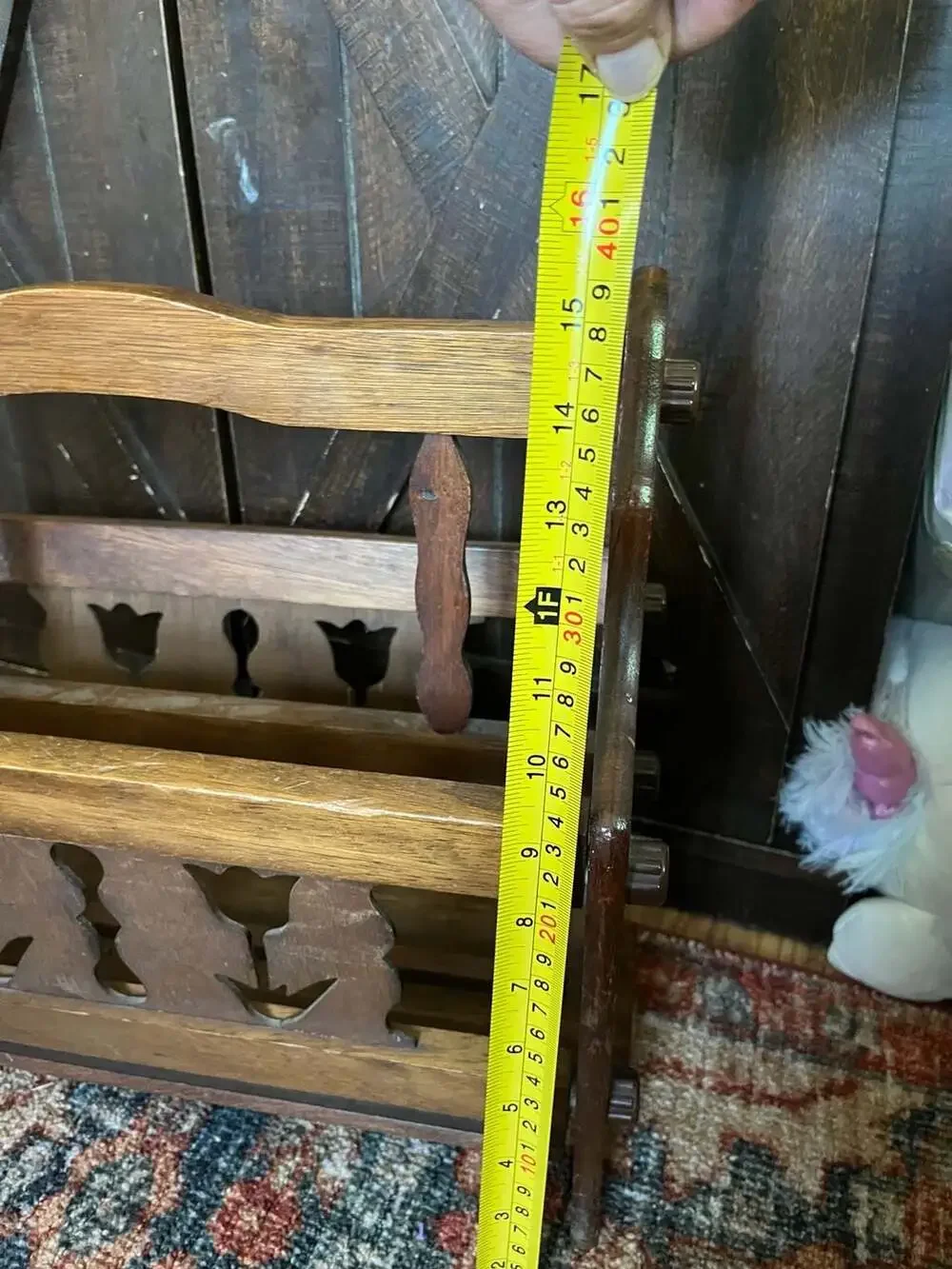 Vintage Wooden Magazine Rack with Floral Cutout Motif